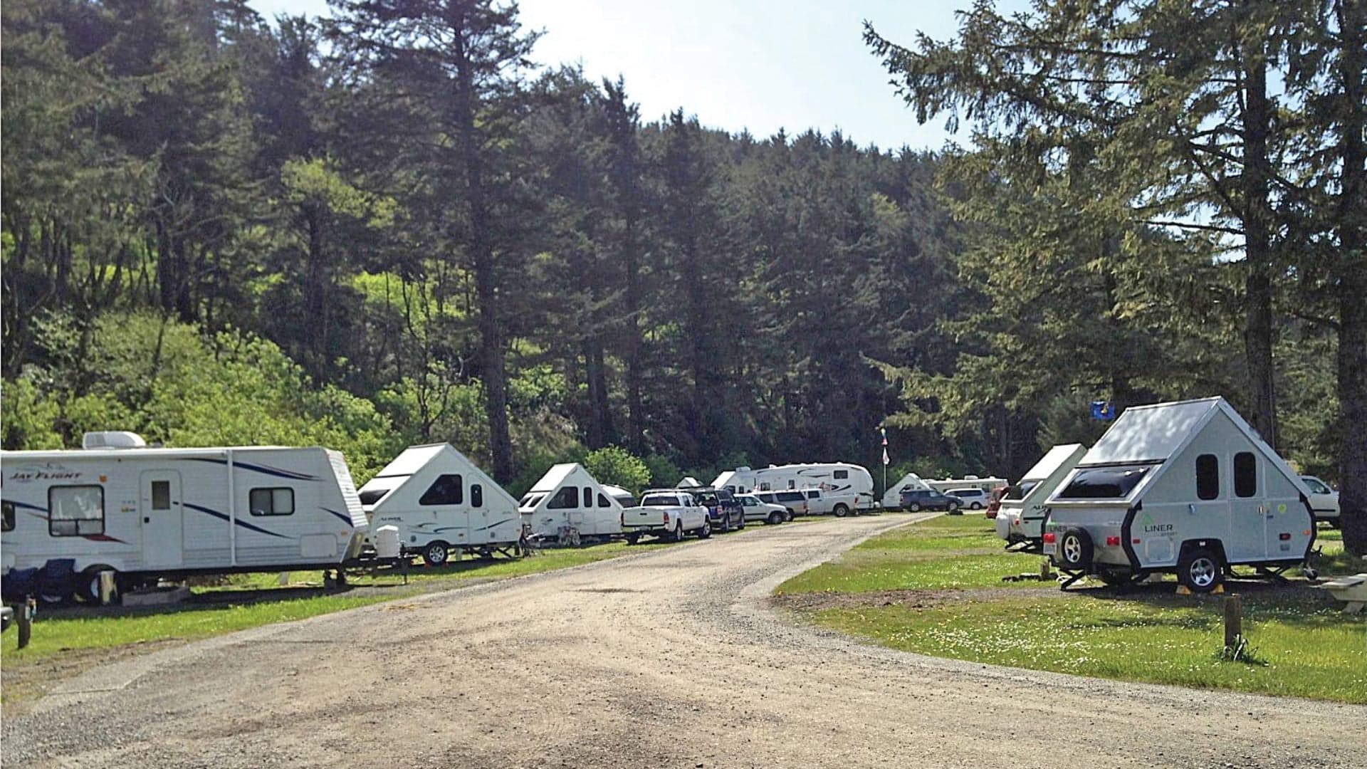 A camping area with various RVs and trailers lined along a dirt path, surrounded by trees.