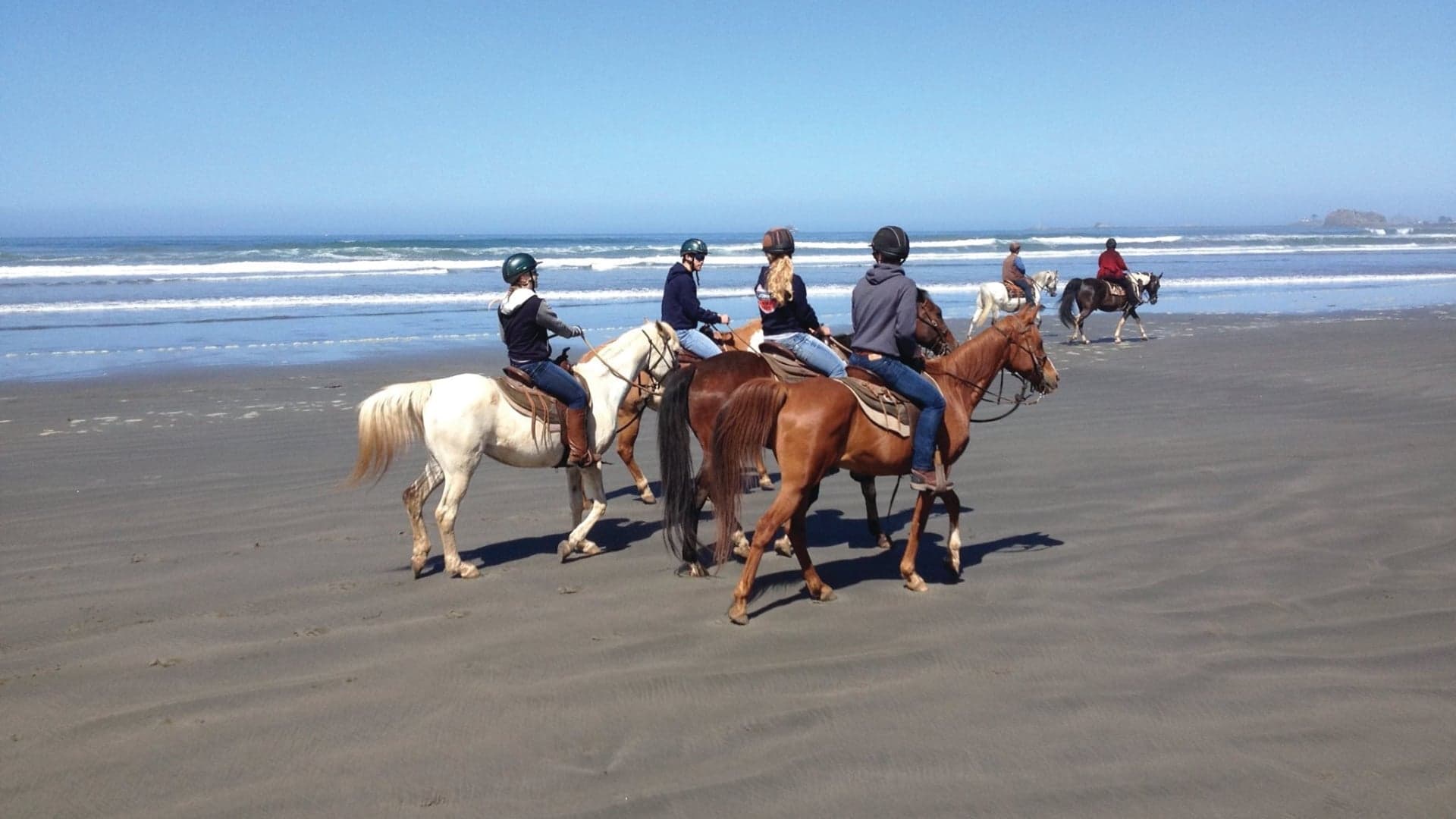 Riders on horseback walking along a sandy beach with ocean waves in the background.
