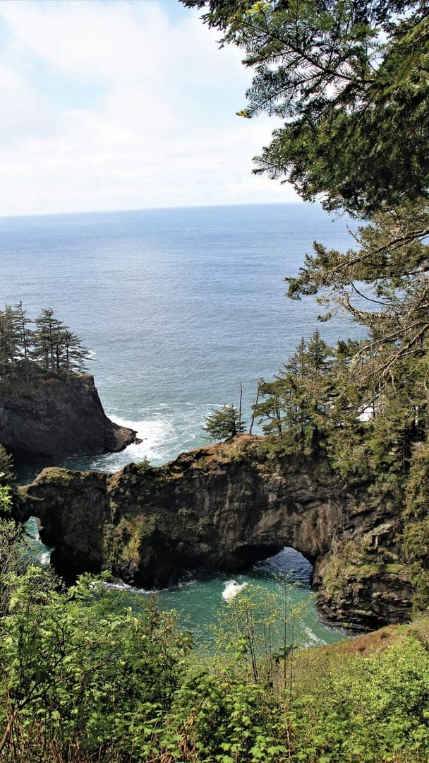 A scenic coastal view featuring cliffs, green trees, and calm blue water beneath a cloudy sky.
