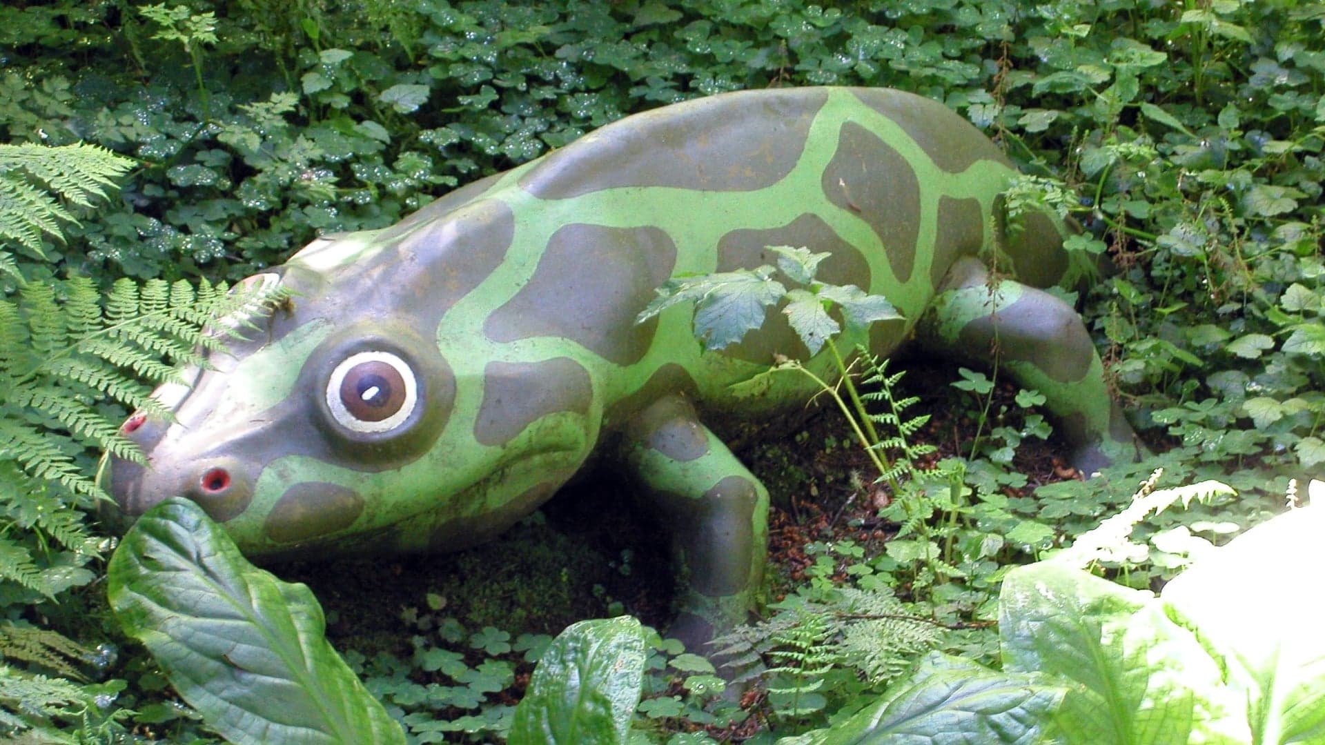 A large, decorative frog sculpture with green and brown patterns, nestled among lush greenery and ferns.