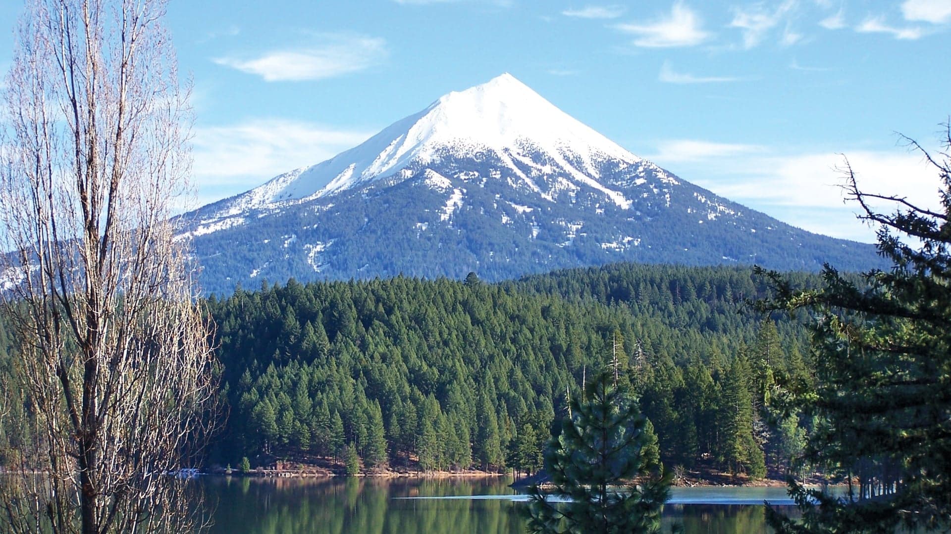 Snow-capped mountain rises above a dense forest, reflecting in a calm lake under a clear blue sky.
