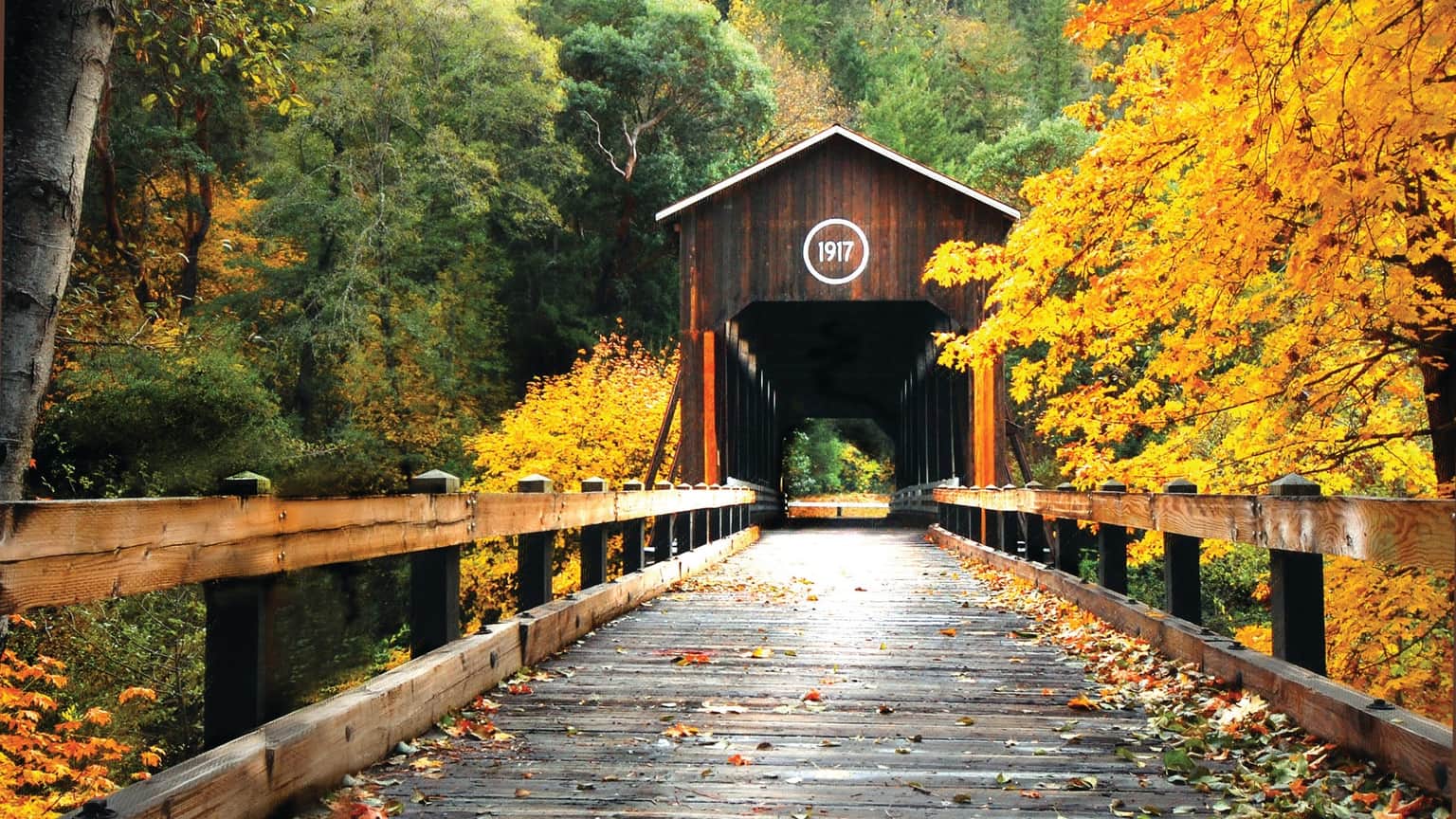 Covered wooden bridge surrounded by vibrant autumn foliage and a wooden walkway lined with fallen leaves.