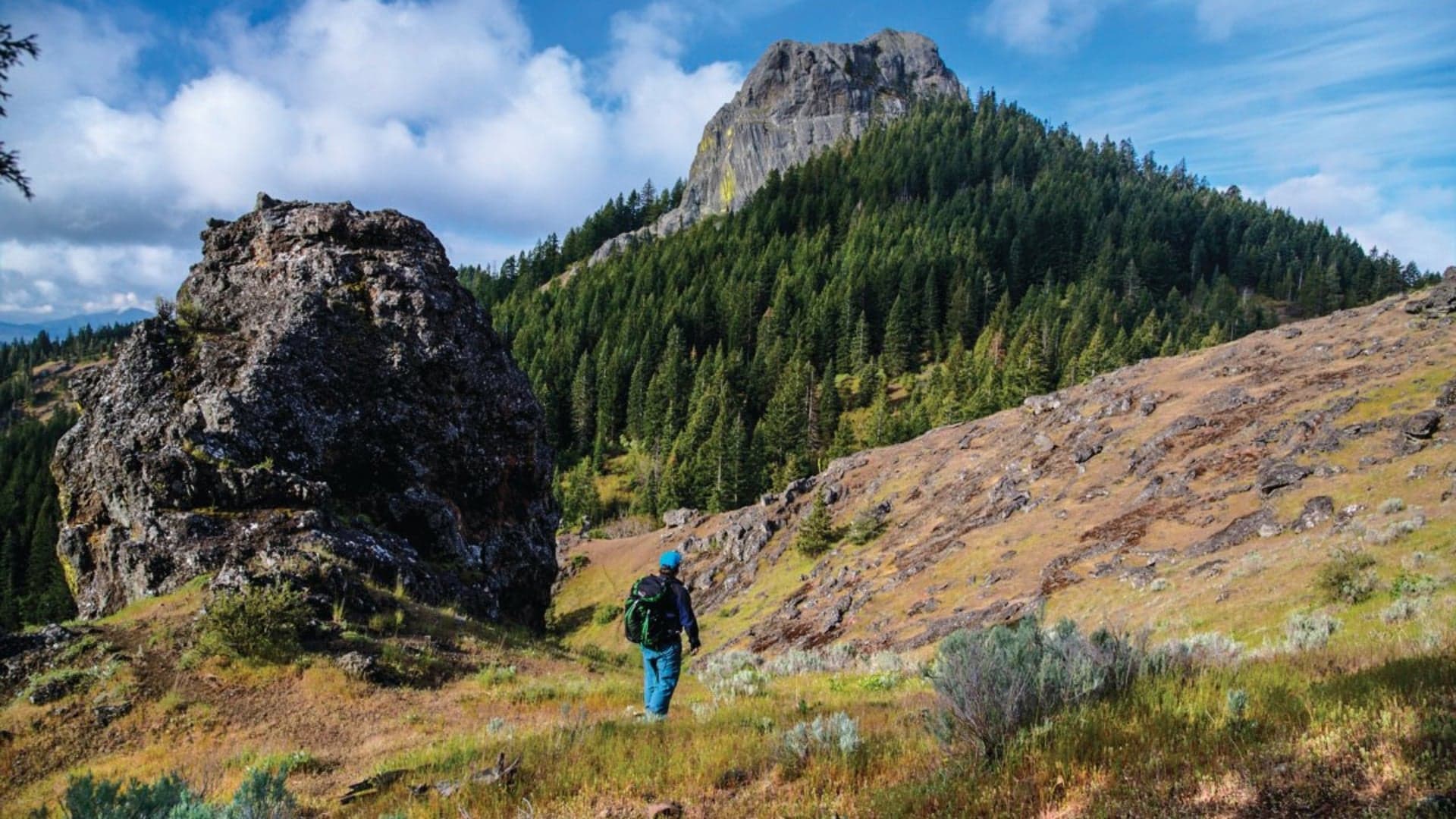 A hiker in blue approach a rocky hilltop amidst a forest of coniferous trees under a partly cloudy sky.