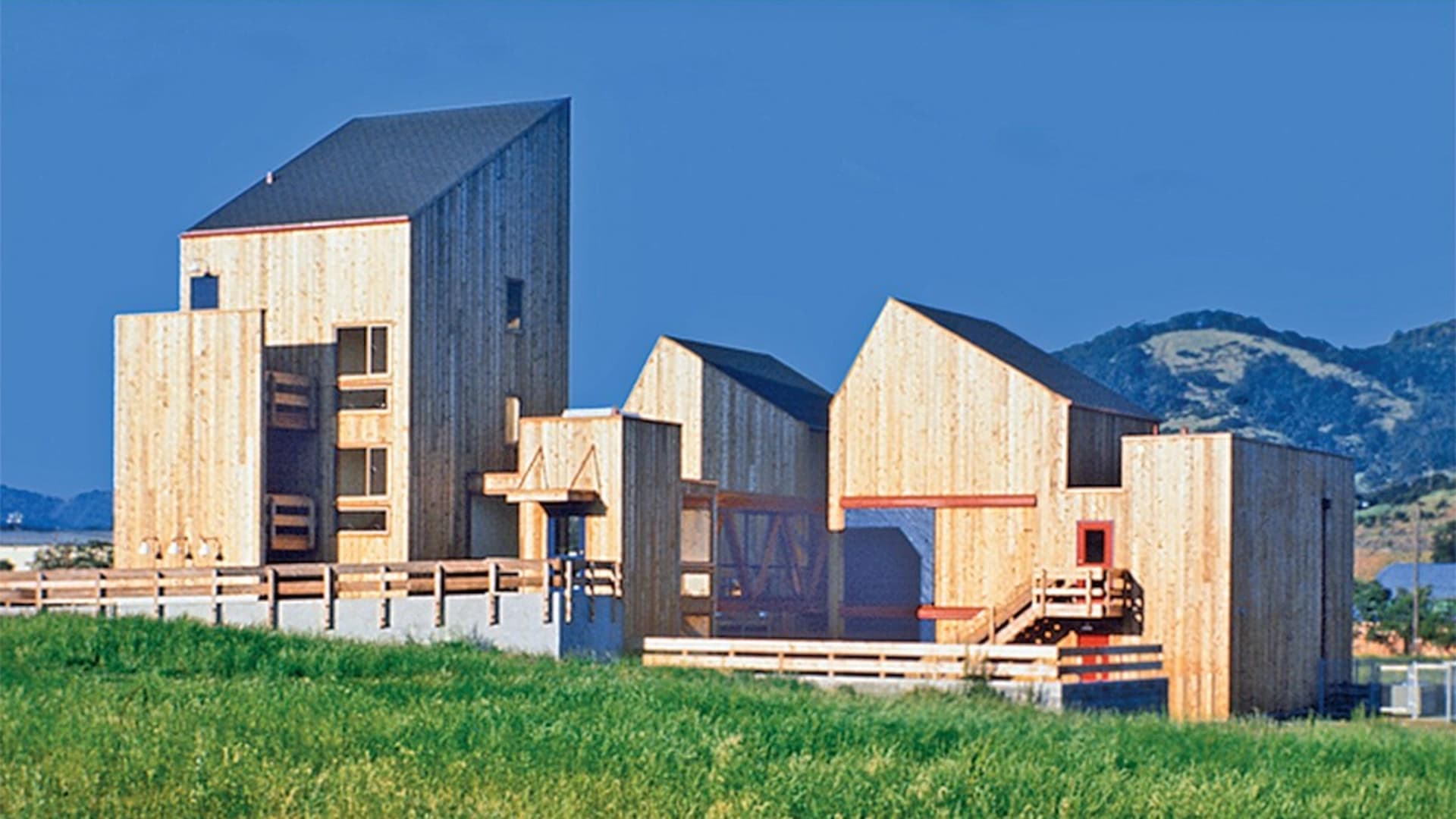 Modern wooden house with multiple structures, set against a blue sky and green grass. Mountains in the background.