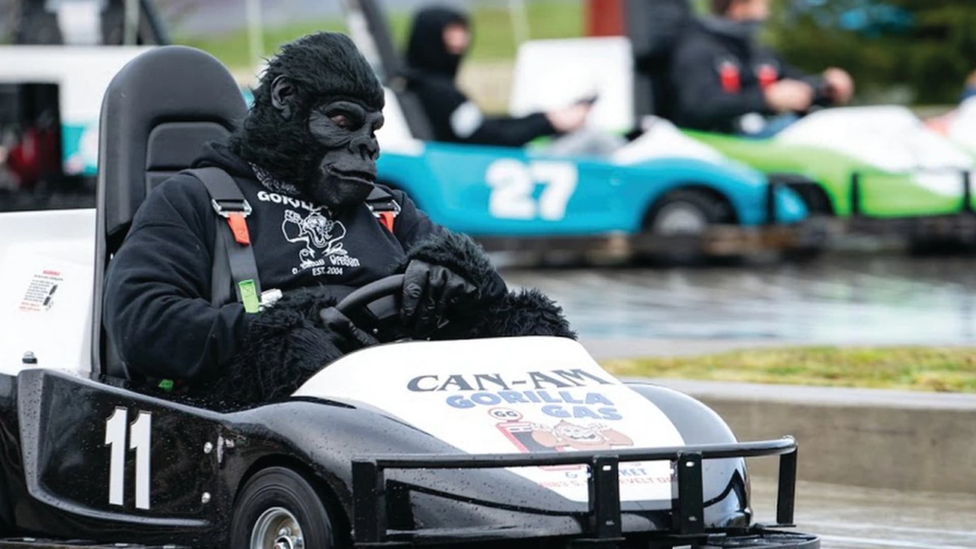 A person in a gorilla costume drives a go-kart on a track, with other go-karts in the background.