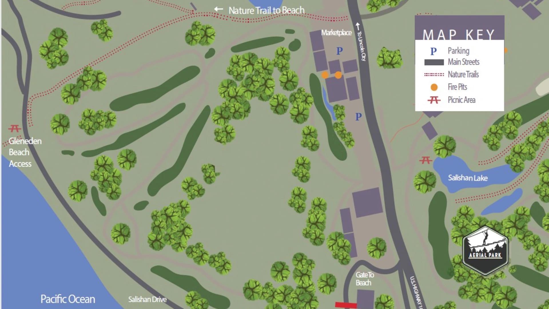 Map of Aerial Park showing trails, parking areas, picnic spots, and access to Gleneden Beach and Salishan Lake.