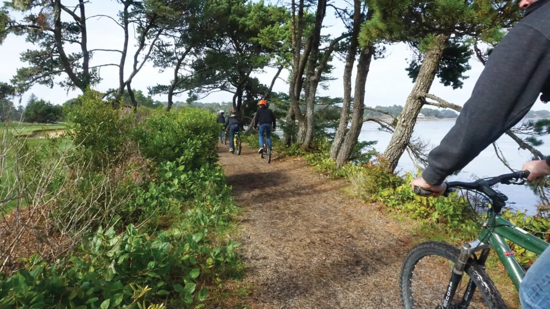Bicyclists ride along a narrow path beside a lake, surrounded by trees and greenery.