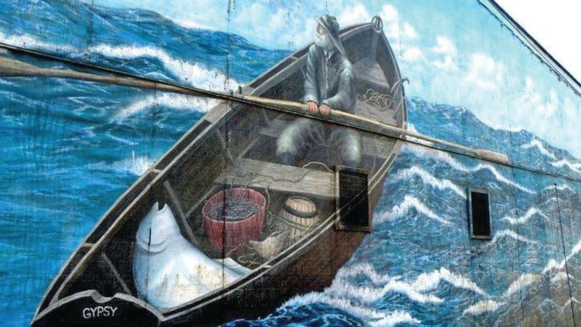 Mural of a fisherman in a boat on swirling waters, featuring a white shape beside fishing gear.