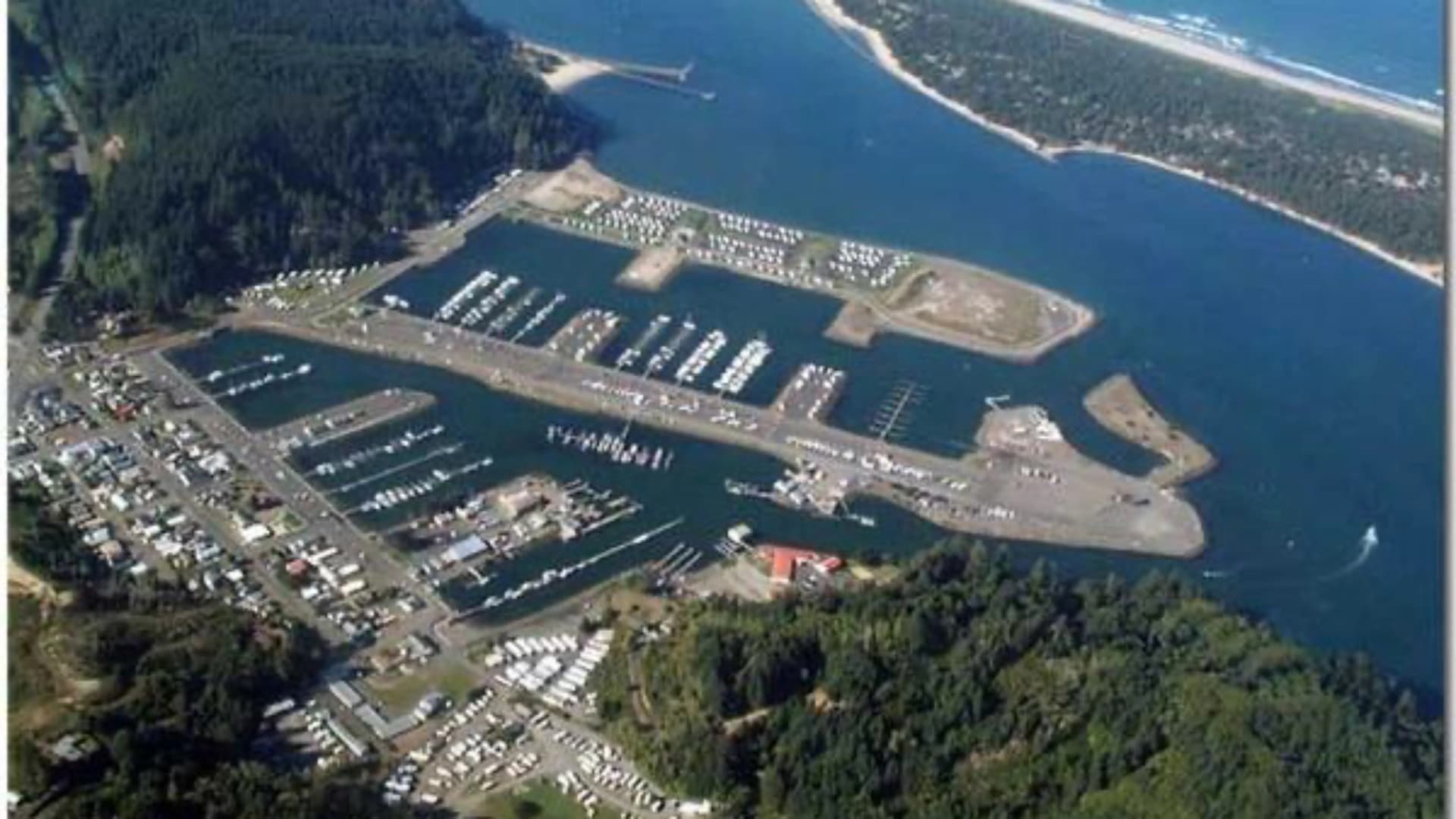 Aerial view of a marina with numerous boats, surrounded by green forests and a sandy beach in the distance.