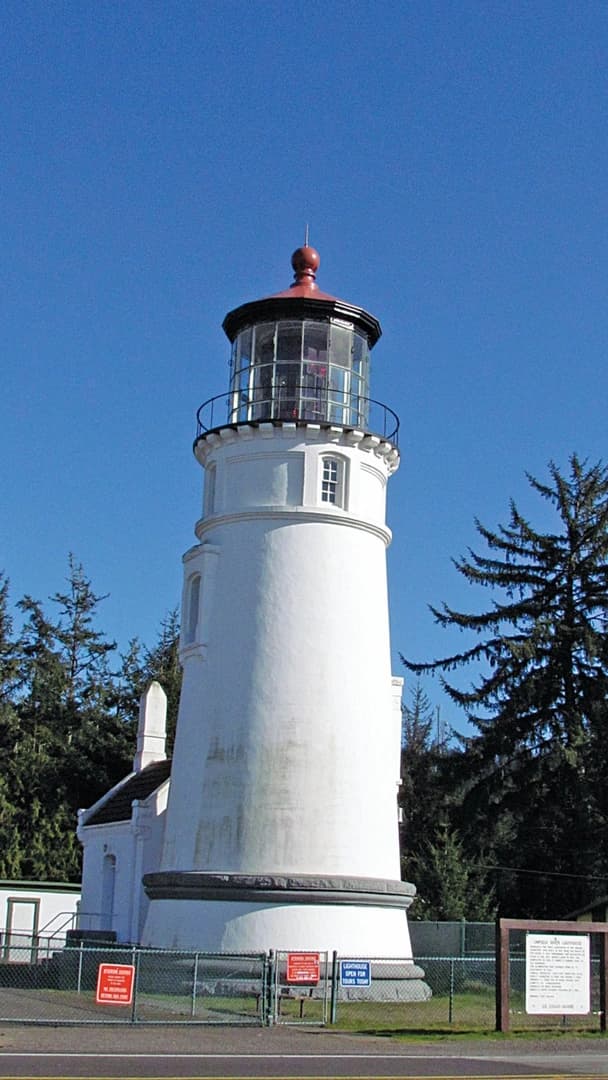 A tall white lighthouse with a red top, surrounded by trees and a fence, under a clear blue sky.