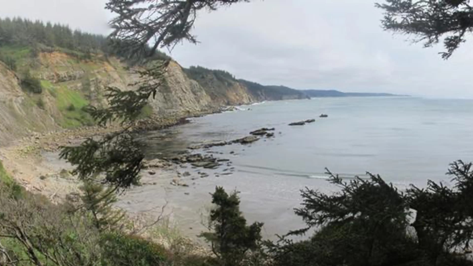 A coastal view with rocky shoreline, steep cliffs, and distant hills under a cloudy sky.