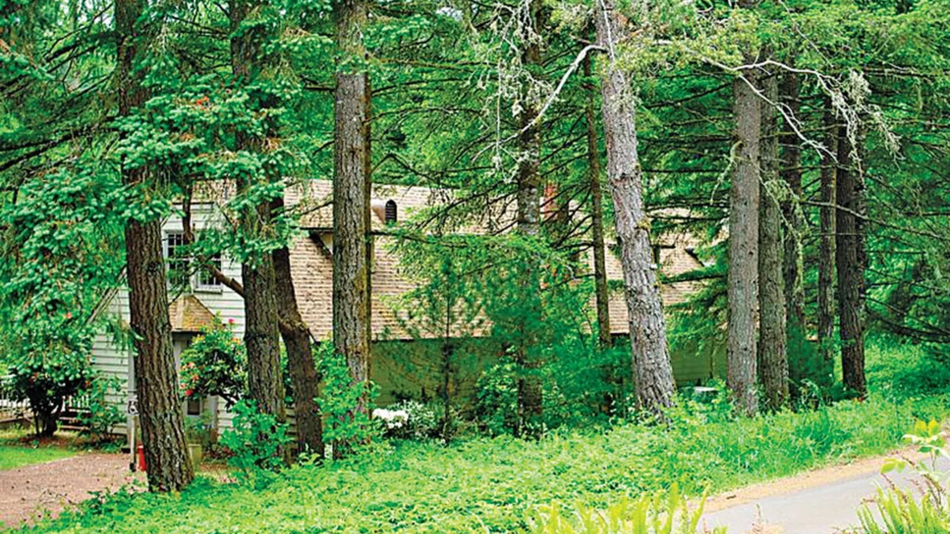 A house nestled among tall green trees, partially hidden by lush foliage and surrounded by grass.