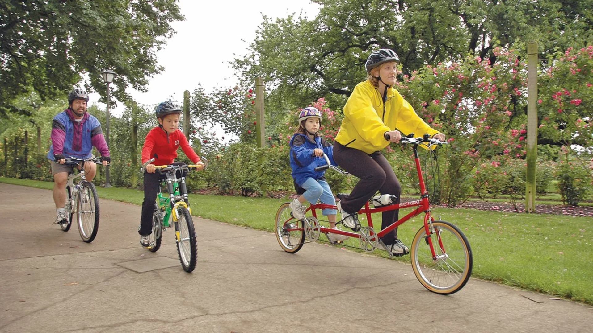 A family cycling in a park; one adult on a tandem bike with a child, two kids riding their own bikes.