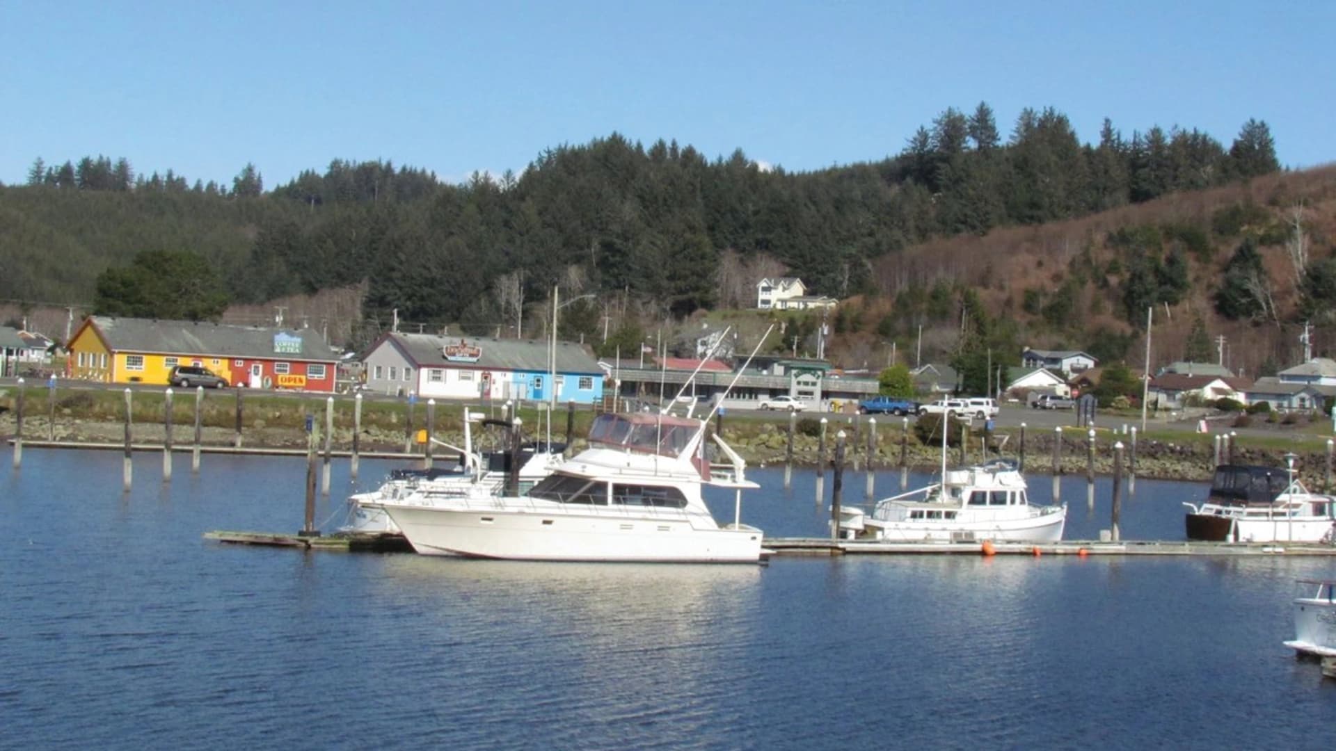 View of a marina with several boats docked, surrounded by buildings and trees under a clear blue sky.