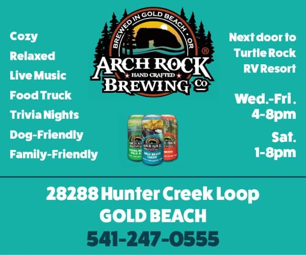 Event flyer for Archrock Brewing Co., Gold Beach: 28288 Hunter Creek Loop, Gold Beach, 541-247-0555; hours Wed–Fri 4–pm, Sat 1–8pm.