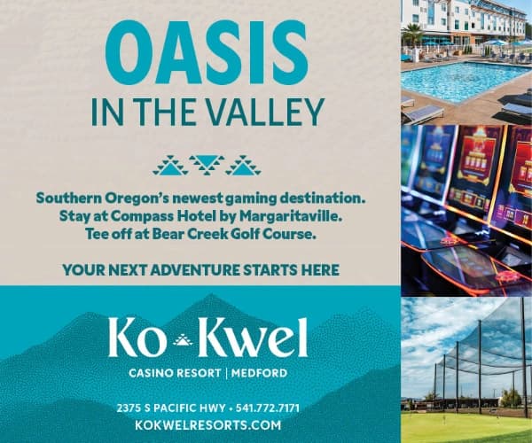 Promotional flyer for “OASIS IN THE VALLEY” featuring “KO Kwel Casino Resort | Medford” and website “KOKWELRESORTS.COM.”