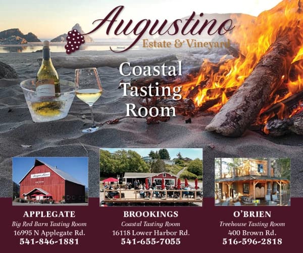 Augastino Estate & Vineyard “Coastal Tasting Room” with fire, wine glasses, and three location cards: Applegate, Brookings, O’Brien.