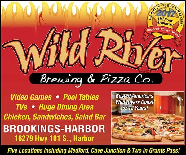 Wild River Brewing & Pizza Co. banner with “Wild River” logo and “Brokings-Harbor 16279 Hwy 101 S., Harbor” text.