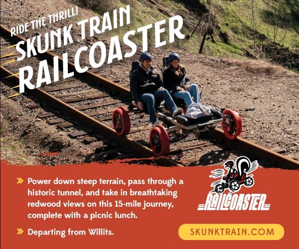 Two people ride a railcar on train tracks; text reads “RIDE THE THRILL! SKUNK TRAIN RAILCAR.”