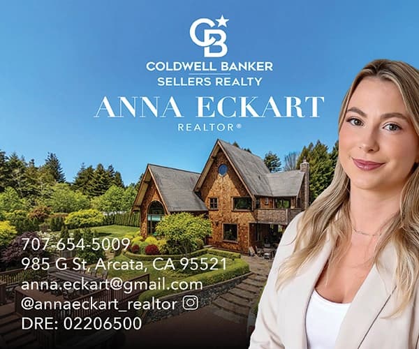 Real estate business card for Anna Eckart (Coldwell Banker) with house background and contact details.