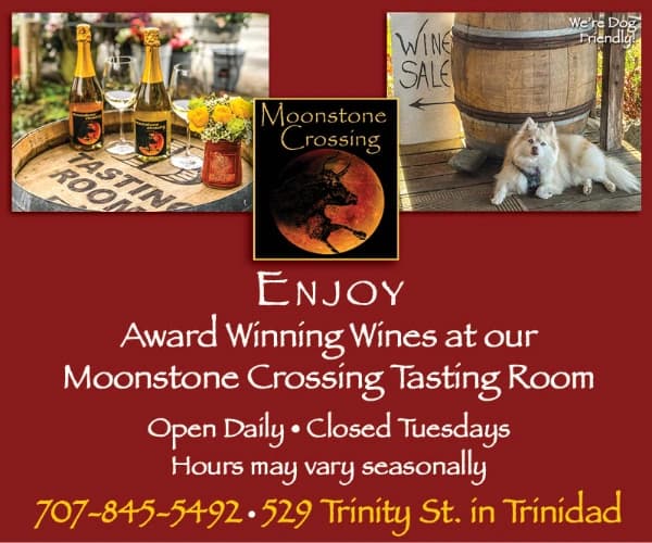 Promotional ad for Moonstone Crossing wine tasting room: “Enjoy Award Winning Wines… Open Daily… 707-845-5492”