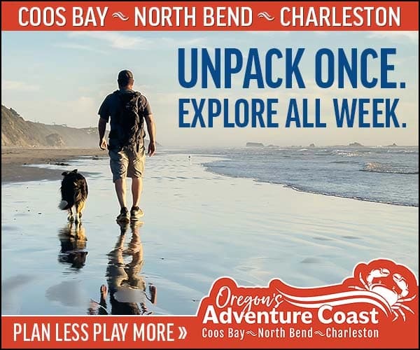 Man and dog walk on a beach; text reads “UNPACK ONCE. EXPLORE ALL WEEK.” and “Oregon’s Adventure Coast.”