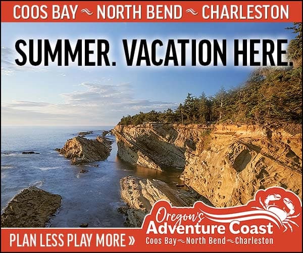 Road-travel banner over Oregon coast rocks and ocean with text “SUMMER. VACATION HERE” and route “COOS BAY ~ NORTH BEND ~ CHARLESTON”.