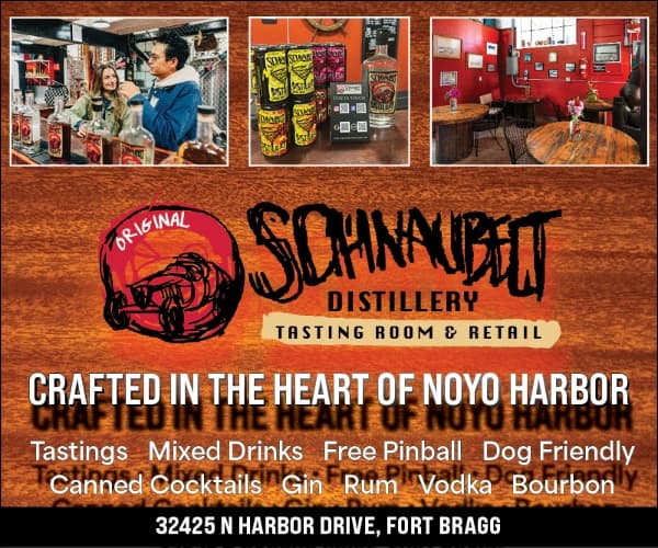 Original Sinhúnpiu Distillery tasting room & retail ad, “CRAFTED IN THE HEART OF NOYO HARBOR” and 32425 N HARBOR DRIVE
