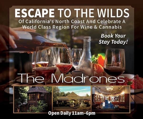“ESCAPE TO THE WILDS” wine-and-cannabis ad for The Macremones: “Book Your Stay Today!” “Open Daily 11am–6pm”
