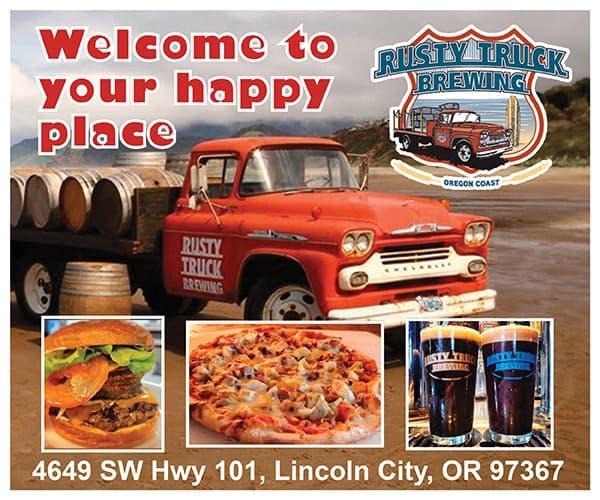 Rusty Truck Brewing ad with orange pickup, pizza, burgers, beer, and text “Welcome to your happy place”