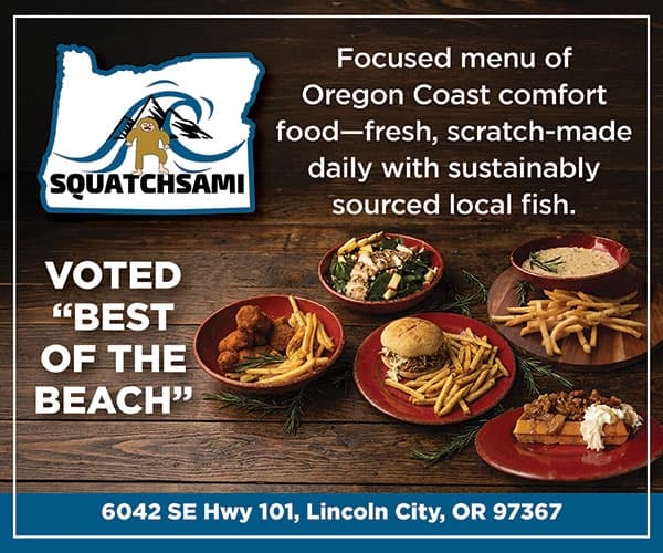 SquatchSami ad: “Focused menu of Oregon Coast Comfort food…” and “VOTED ‘BEST OF THE BEACH’” with dishes.
