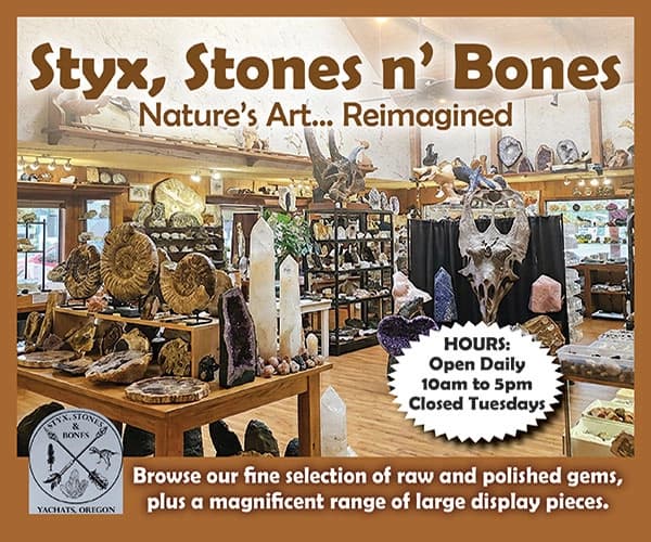 “Styx, Stones n’ Bones” store display of crystals and fossils; text: “Nature’s Art… Reimagined” and “HOURS: Open Daily 10am–5pm; Closed Tuesdays.”
