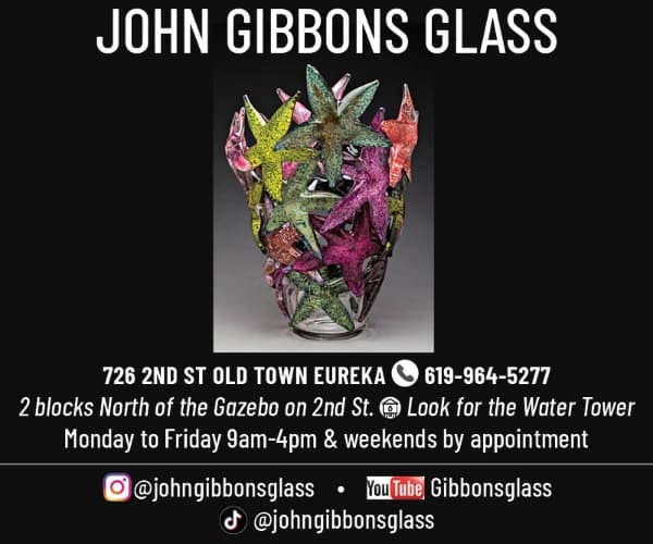 Business flyer for John Gibbons Glass with a jeweled glass sculpture and text “JOHN GIBBONS GLASS” and address/phone.