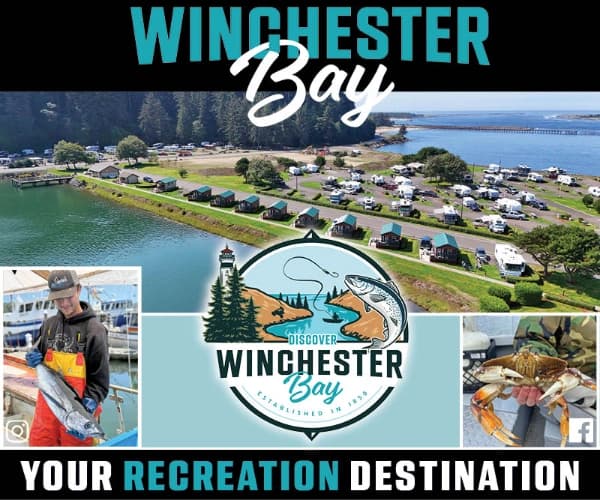 Collage promoting Winchester Bay with text “WINCHESTER Bay” and “DISCOVER WINCHESTER Bay” over waterfront scenery